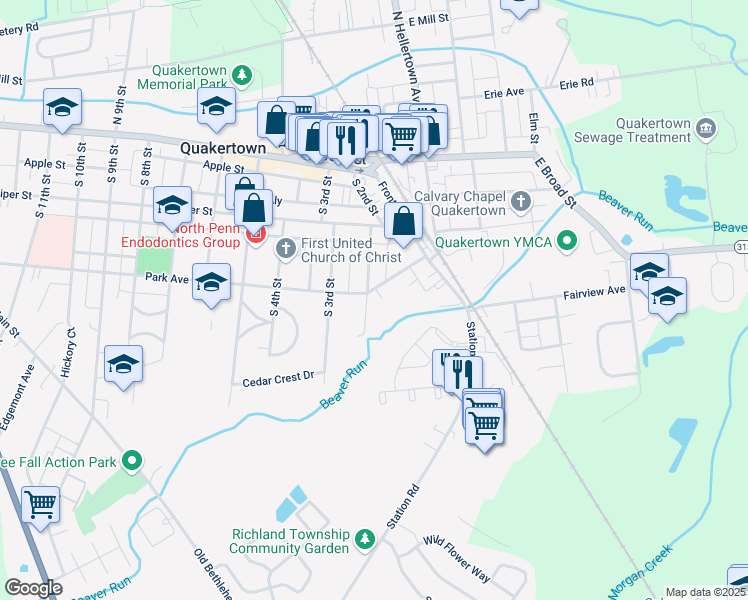 map of restaurants, bars, coffee shops, grocery stores, and more near 152 Park Avenue in Quakertown
