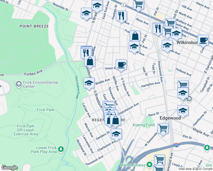 map of restaurants, bars, coffee shops, grocery stores, and more near 114 Biddle Avenue in Pittsburgh
