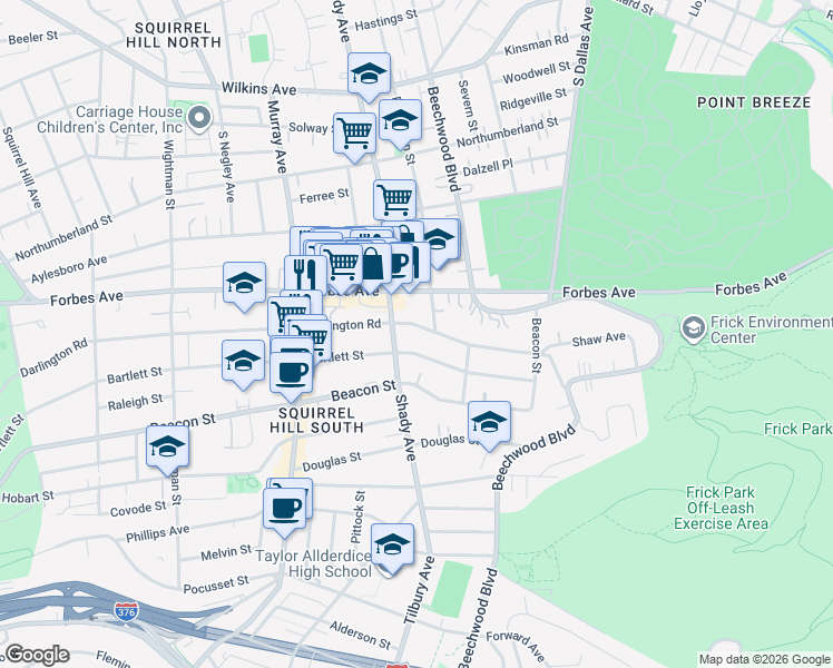 map of restaurants, bars, coffee shops, grocery stores, and more near 6314 Darlington Road in Pittsburgh