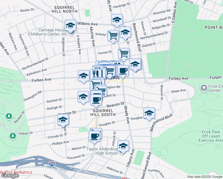 map of restaurants, bars, coffee shops, grocery stores, and more near 5830 Darlington Road in Pittsburgh