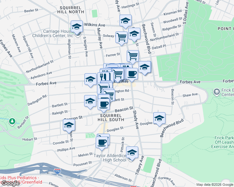 map of restaurants, bars, coffee shops, grocery stores, and more near 5838 Darlington Road in Pittsburgh