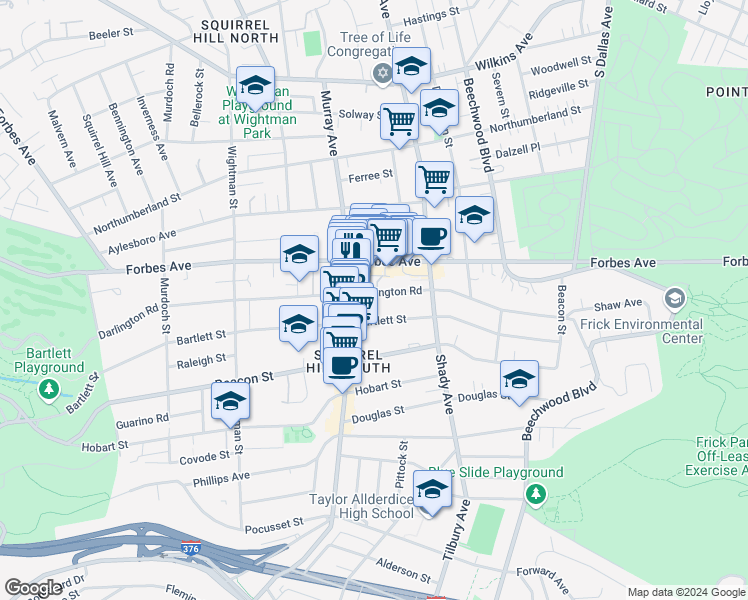 map of restaurants, bars, coffee shops, grocery stores, and more near 5830 Darlington Road in Pittsburgh