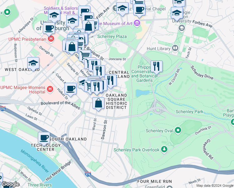 map of restaurants, bars, coffee shops, grocery stores, and more near 15 Oakland Square in Pittsburgh