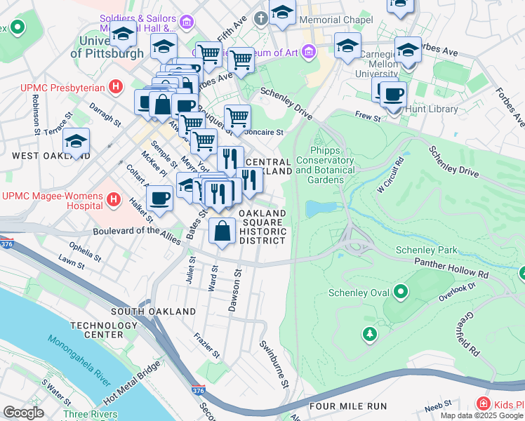 map of restaurants, bars, coffee shops, grocery stores, and more near 15 Oakland Square in Pittsburgh