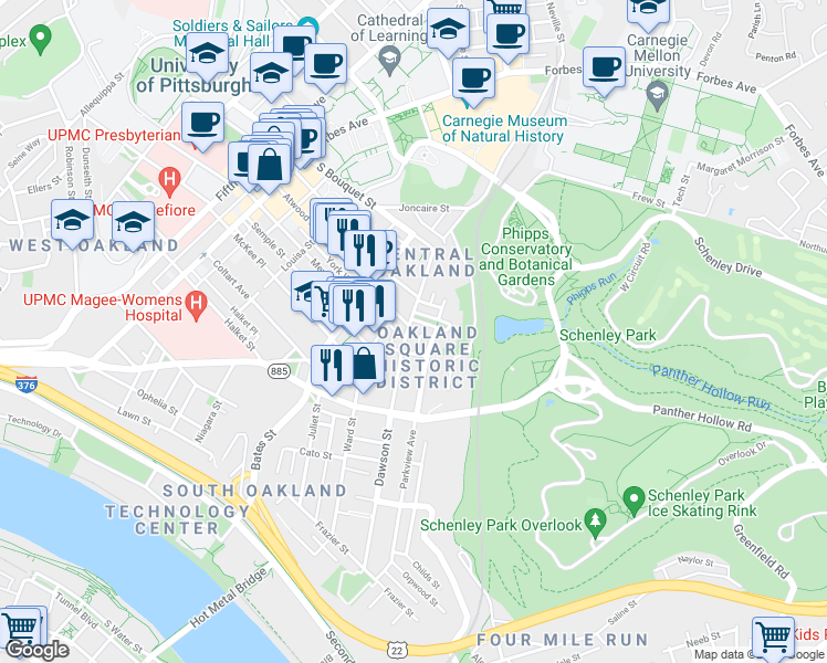 map of restaurants, bars, coffee shops, grocery stores, and more near 436 Atwood Street in Pittsburgh