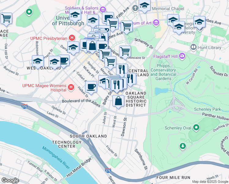map of restaurants, bars, coffee shops, grocery stores, and more near in Pittsburgh