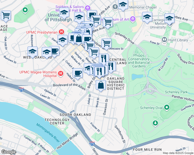 map of restaurants, bars, coffee shops, grocery stores, and more near in Pittsburgh
