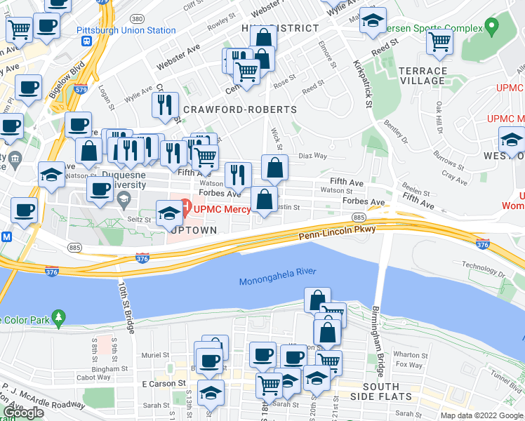 map of restaurants, bars, coffee shops, grocery stores, and more near 302 Miltenberger Street in Pittsburgh