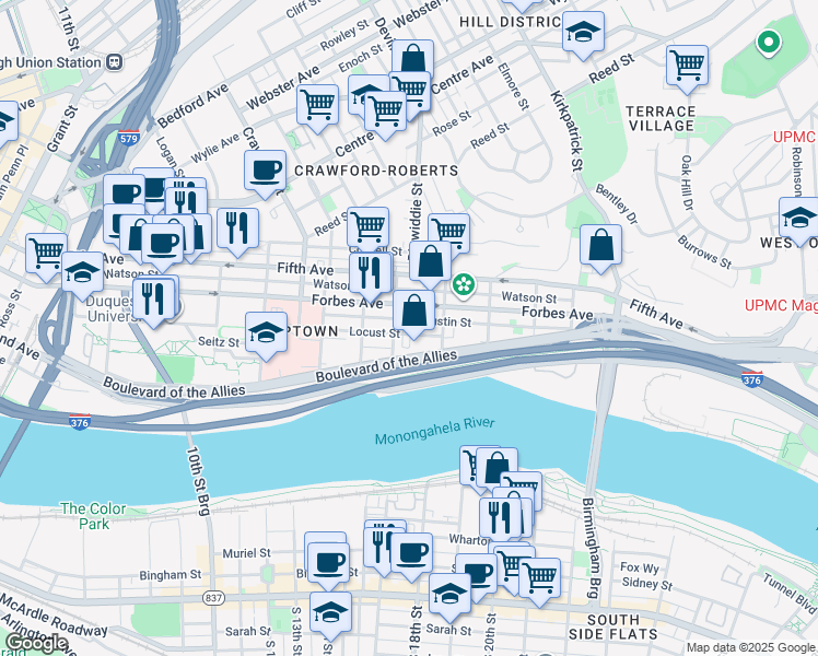 map of restaurants, bars, coffee shops, grocery stores, and more near 302 Miltenberger Street in Pittsburgh