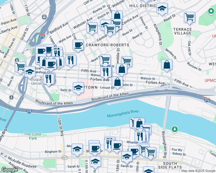 map of restaurants, bars, coffee shops, grocery stores, and more near 302 Miltenberger Street in Pittsburgh