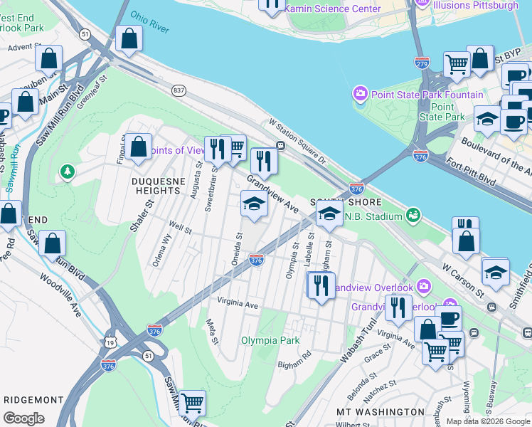 map of restaurants, bars, coffee shops, grocery stores, and more near 126 Cohassett Street in Pittsburgh