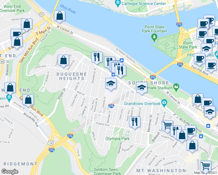 map of restaurants, bars, coffee shops, grocery stores, and more near 126 Cohassett Street in Pittsburgh