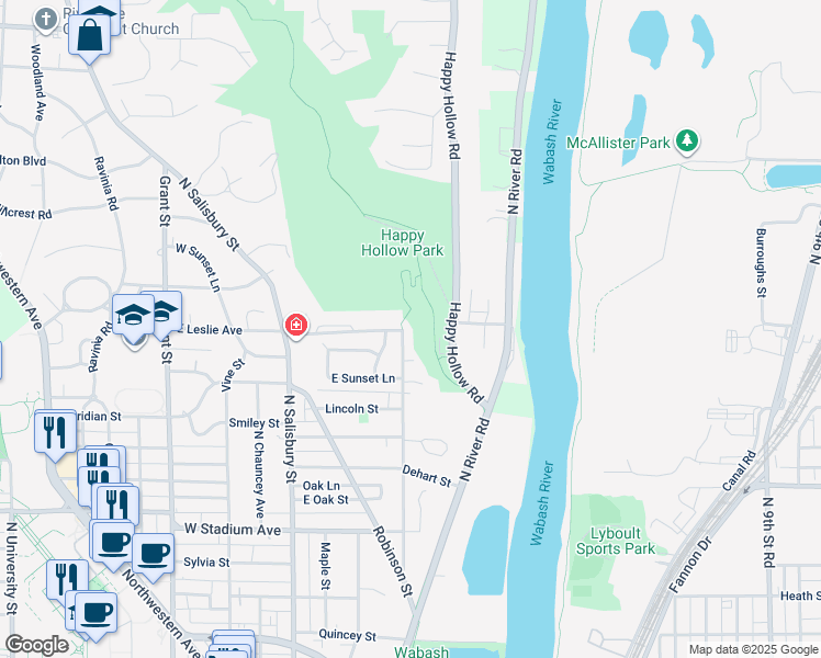 map of restaurants, bars, coffee shops, grocery stores, and more near 940 Rose Street in West Lafayette