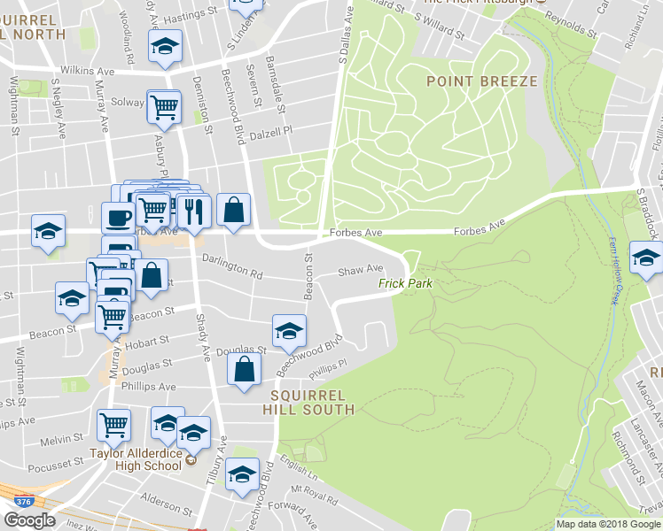 map of restaurants, bars, coffee shops, grocery stores, and more near 1841 Shaw Avenue in Pittsburgh