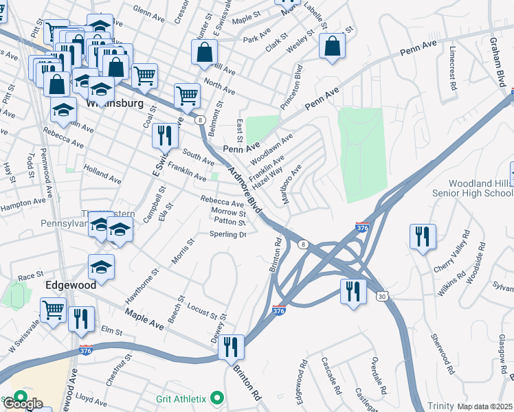 map of restaurants, bars, coffee shops, grocery stores, and more near 600 State Highway 8 in Pittsburgh