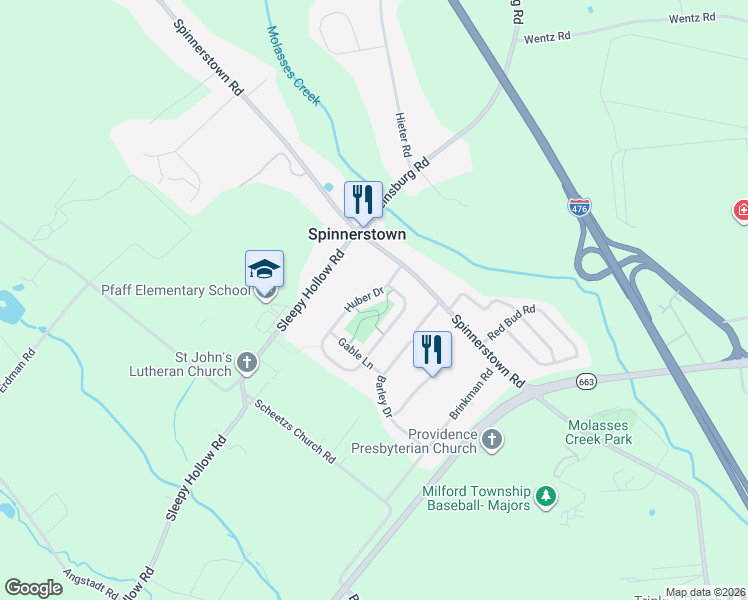 map of restaurants, bars, coffee shops, grocery stores, and more near 2081 Huber Drive in Quakertown