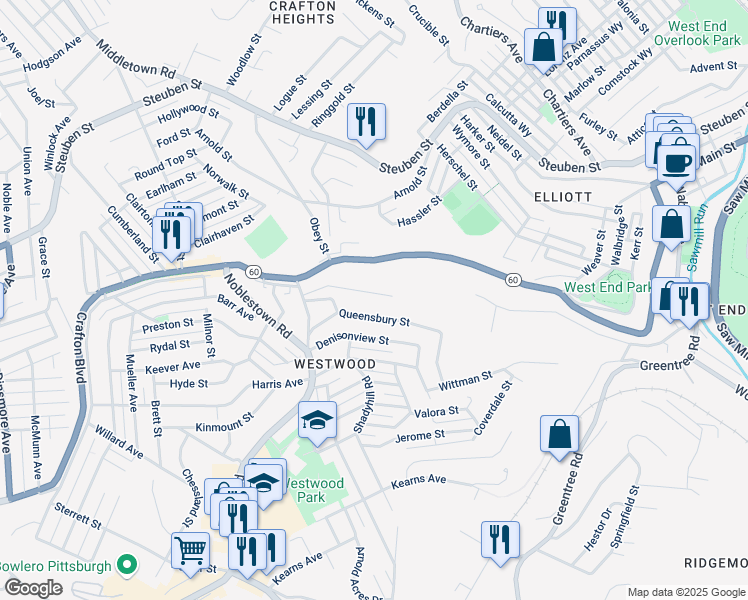 map of restaurants, bars, coffee shops, grocery stores, and more near 1235 Ledgedale Street in Pittsburgh