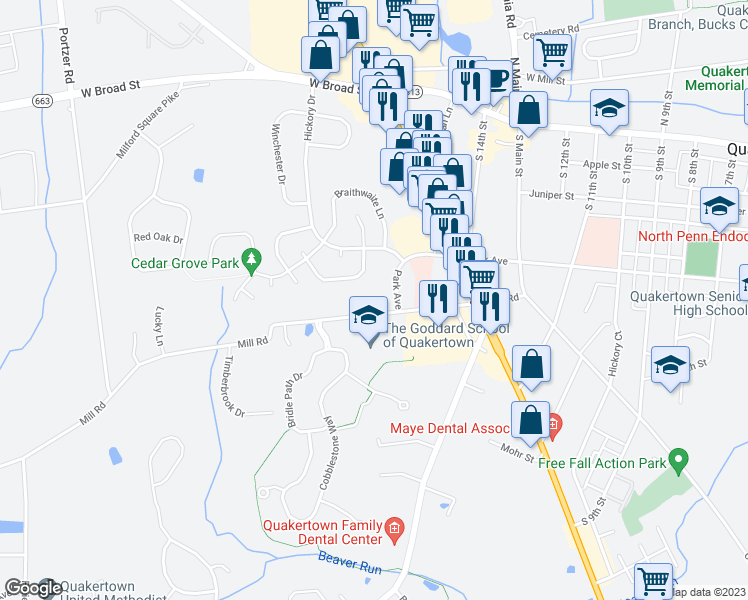 map of restaurants, bars, coffee shops, grocery stores, and more near 127 Mill Road in Quakertown