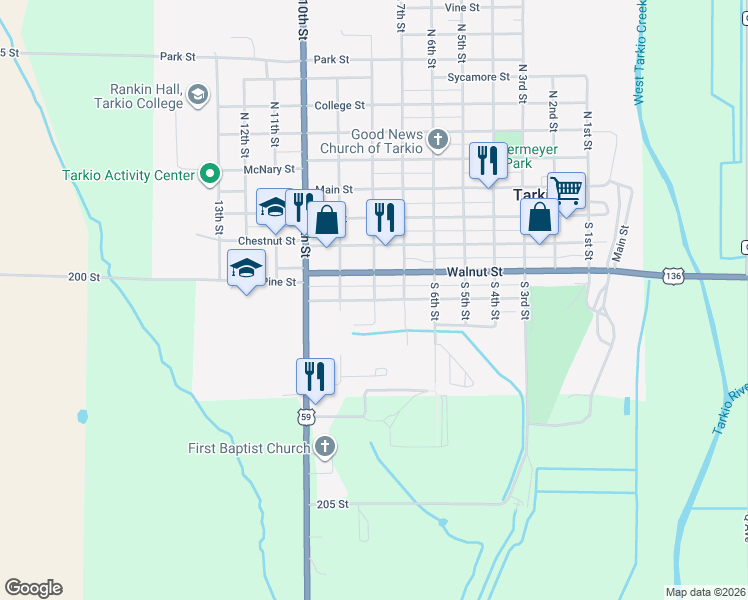 map of restaurants, bars, coffee shops, grocery stores, and more near 800 Pine Street in Tarkio