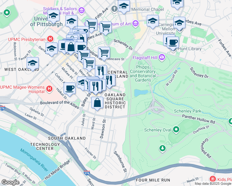 map of restaurants, bars, coffee shops, grocery stores, and more near 13 Oakland Square in Pittsburgh