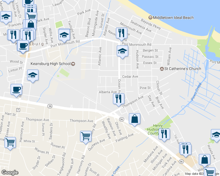 map of restaurants, bars, coffee shops, grocery stores, and more near 40 Taylor Avenue in Middletown
