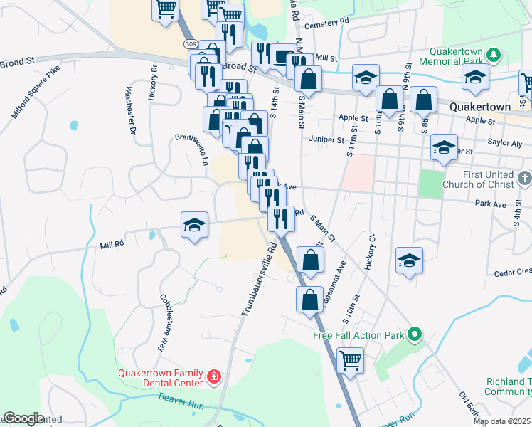map of restaurants, bars, coffee shops, grocery stores, and more near 1448 Mill Race Drive in Quakertown