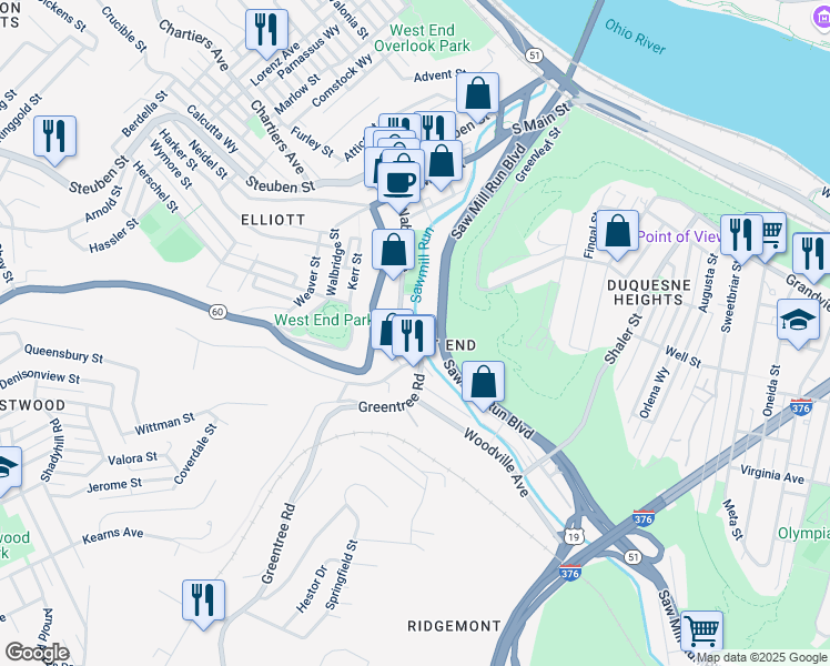 map of restaurants, bars, coffee shops, grocery stores, and more near 141 Wabash St in Pittsburgh
