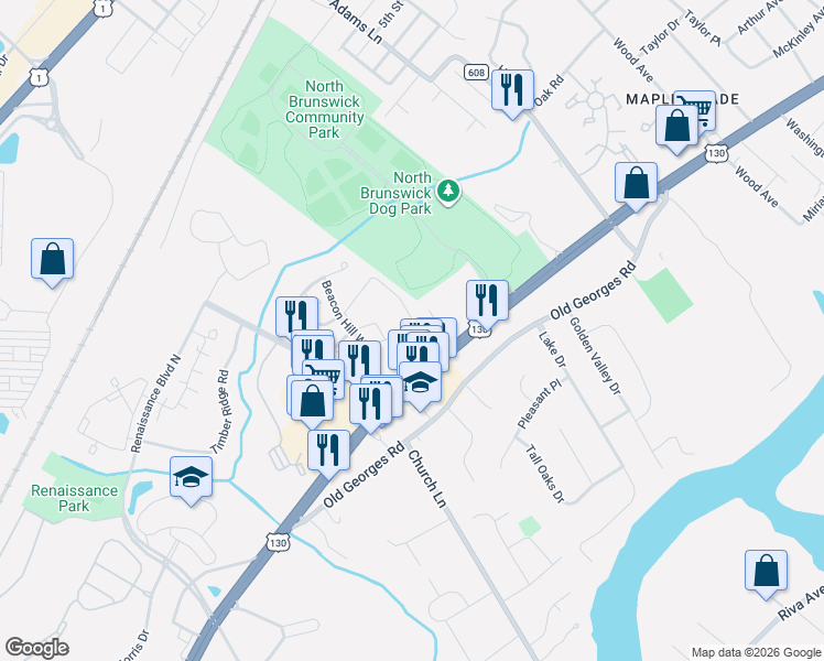map of restaurants, bars, coffee shops, grocery stores, and more near 918 Plymouth Road in North Brunswick Township