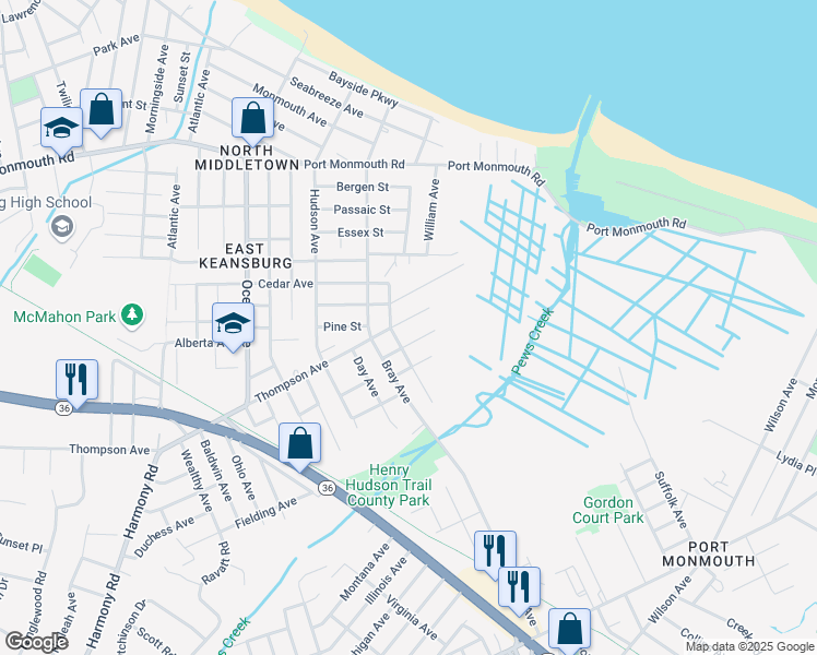 map of restaurants, bars, coffee shops, grocery stores, and more near 32 Raynor Avenue in Middletown Township