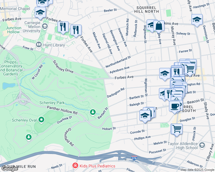 map of restaurants, bars, coffee shops, grocery stores, and more near 5327 Darlington Road in Pittsburgh