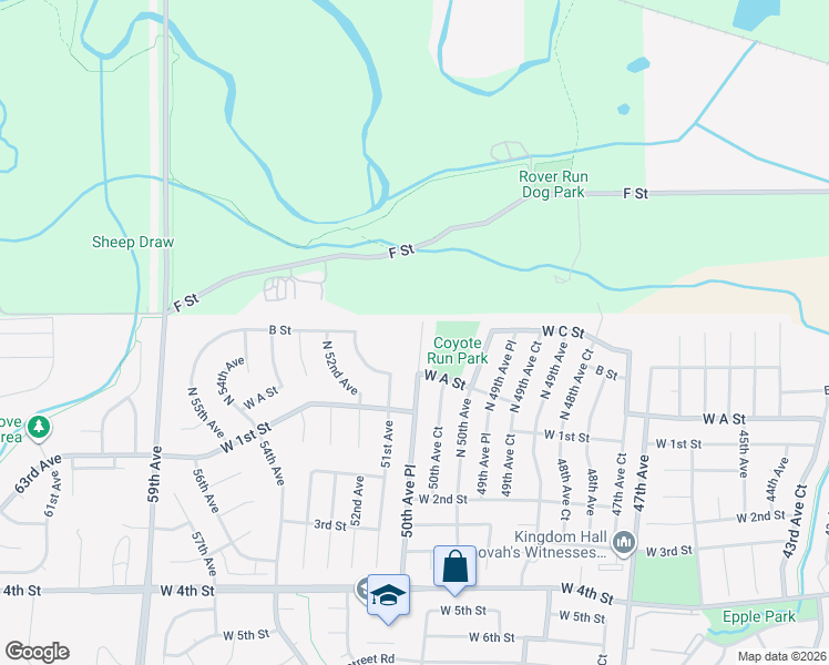 map of restaurants, bars, coffee shops, grocery stores, and more near 325 North 50th Avenue Place in Greeley