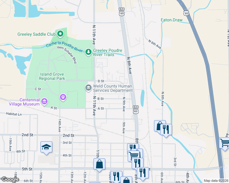 map of restaurants, bars, coffee shops, grocery stores, and more near 928 C Street in Greeley