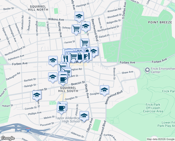 map of restaurants, bars, coffee shops, grocery stores, and more near 6314 Darlington Road in Pittsburgh