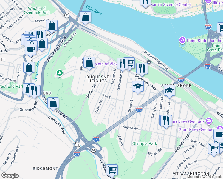 map of restaurants, bars, coffee shops, grocery stores, and more near 320 Augusta Street in Pittsburgh