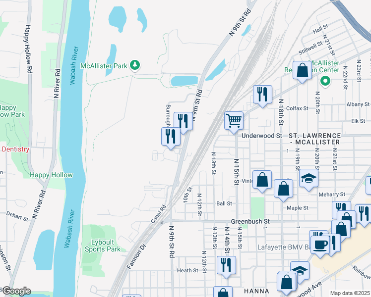 map of restaurants, bars, coffee shops, grocery stores, and more near North 9th Street Road in Lafayette