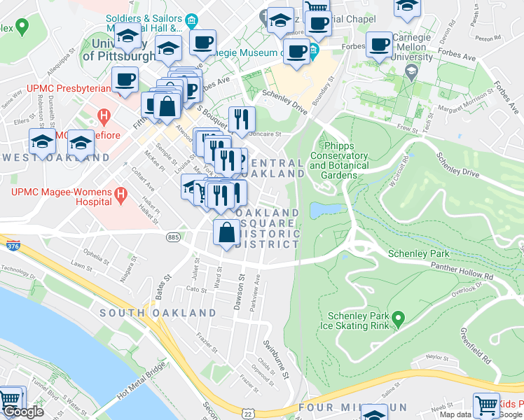map of restaurants, bars, coffee shops, grocery stores, and more near 5 Oakland Square in Pittsburgh