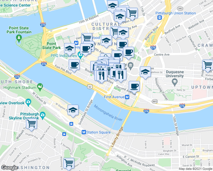 map of restaurants, bars, coffee shops, grocery stores, and more near 425 1st Ave in Pittsburgh