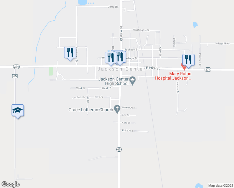 map of restaurants, bars, coffee shops, grocery stores, and more near 403 South Main Street in Jackson Center