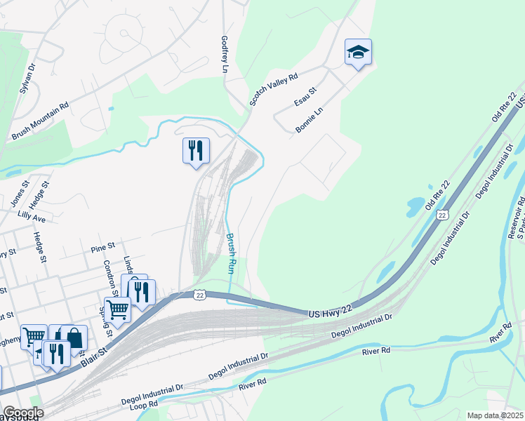 map of restaurants, bars, coffee shops, grocery stores, and more near 231 Sunset Lane in Hollidaysburg