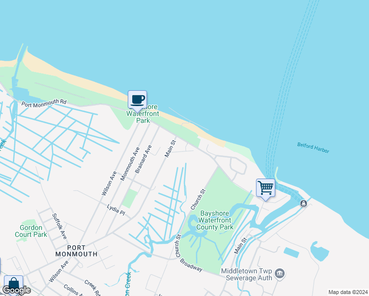 map of restaurants, bars, coffee shops, grocery stores, and more near 616 Park Avenue in Port Monmouth