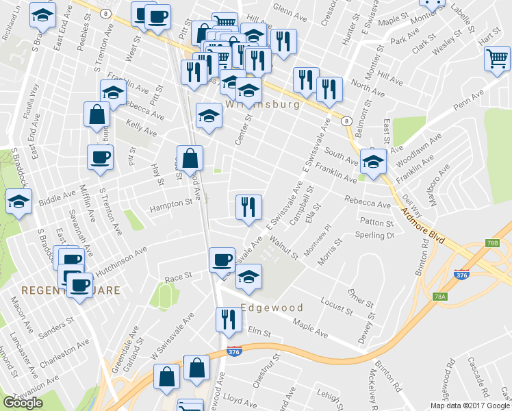 map of restaurants, bars, coffee shops, grocery stores, and more near 521 Coal Street in Pittsburgh