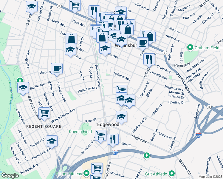 map of restaurants, bars, coffee shops, grocery stores, and more near 213 Center Street in Pittsburgh