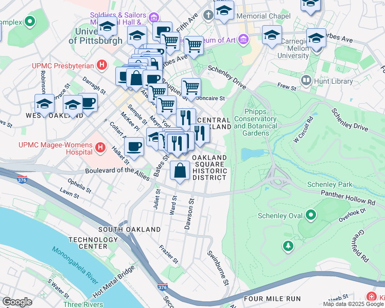 map of restaurants, bars, coffee shops, grocery stores, and more near 434 Atwood Street in Pittsburgh