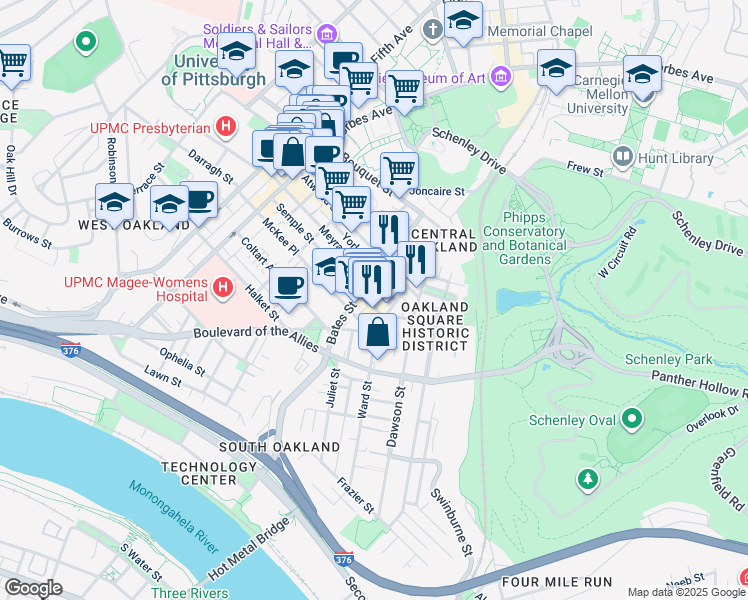 map of restaurants, bars, coffee shops, grocery stores, and more near in Pittsburgh