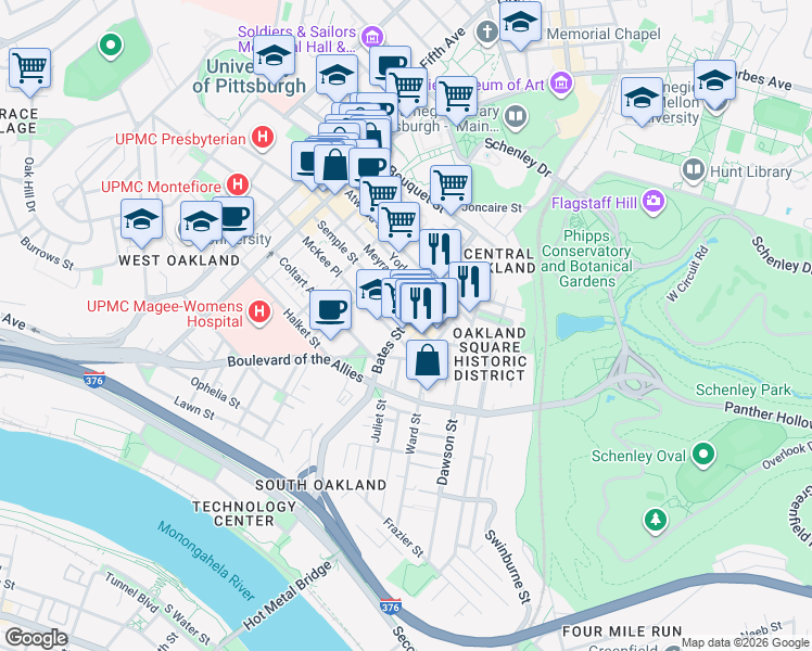 map of restaurants, bars, coffee shops, grocery stores, and more near in Pittsburgh