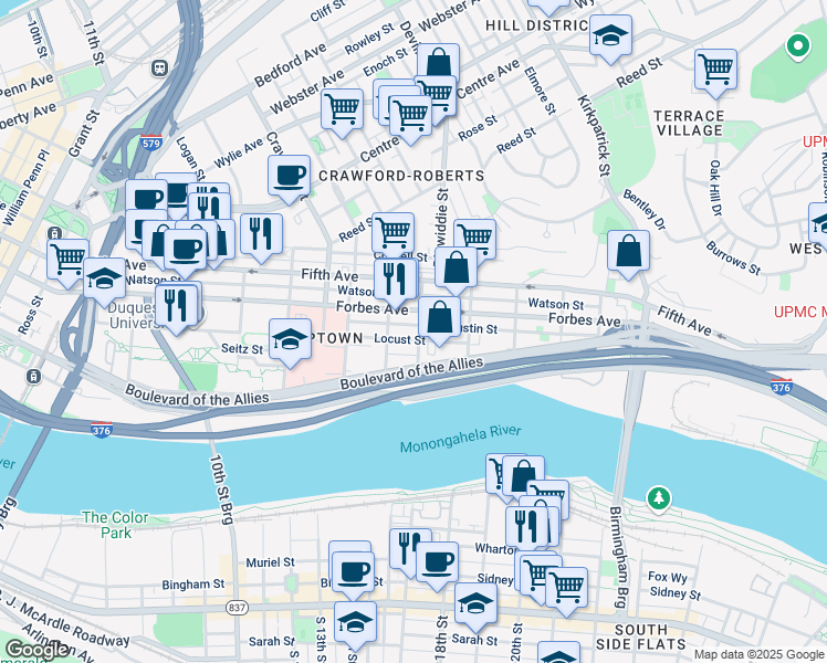 map of restaurants, bars, coffee shops, grocery stores, and more near 302 Miltenberger Street in Pittsburgh