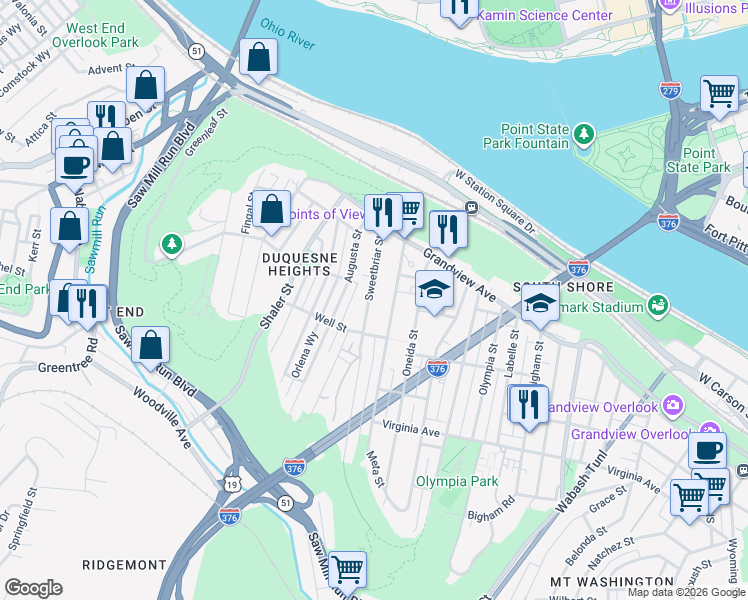 map of restaurants, bars, coffee shops, grocery stores, and more near 309 Sweetbriar Street in Pittsburgh
