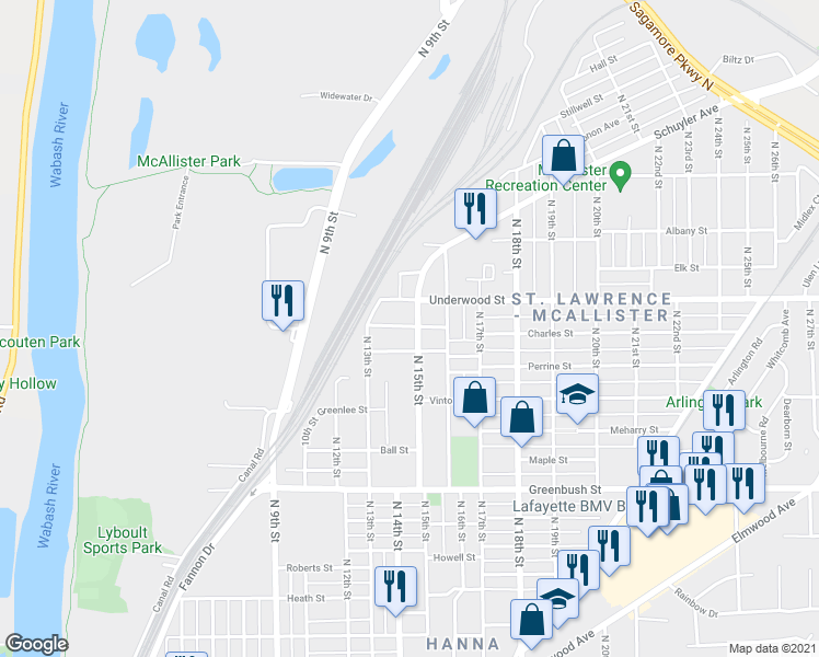 map of restaurants, bars, coffee shops, grocery stores, and more near 2002 North 15th Street in Lafayette