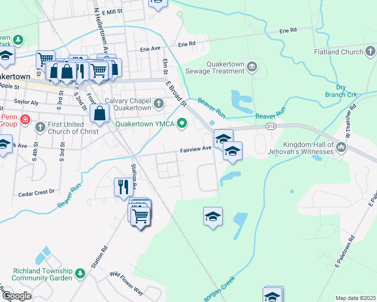 map of restaurants, bars, coffee shops, grocery stores, and more near 388 Fairview Avenue in Quakertown