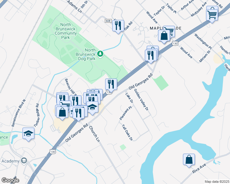 map of restaurants, bars, coffee shops, grocery stores, and more near 2086 U.S. 130 in North Brunswick Township